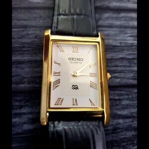 *NOS Seiko GOLD White‎ Dial New Batt & Movt Men's SEIKO Tank Watch